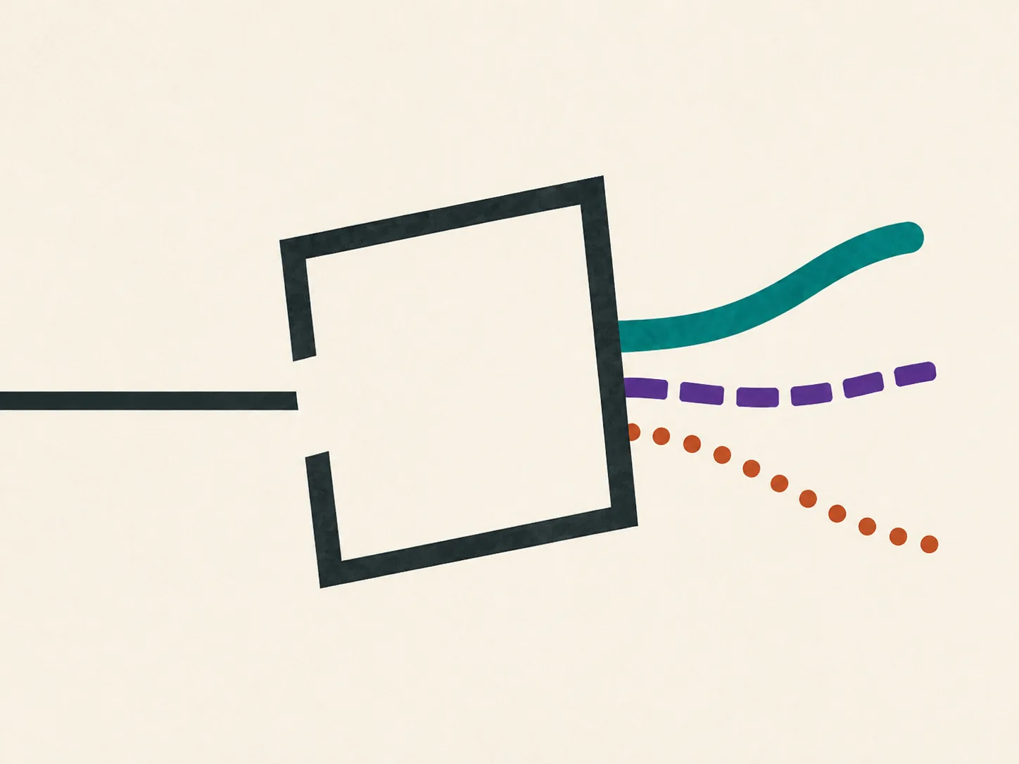 Three colored ribbons pass through a tapered graphite frame with one intentional opening on its left edge.